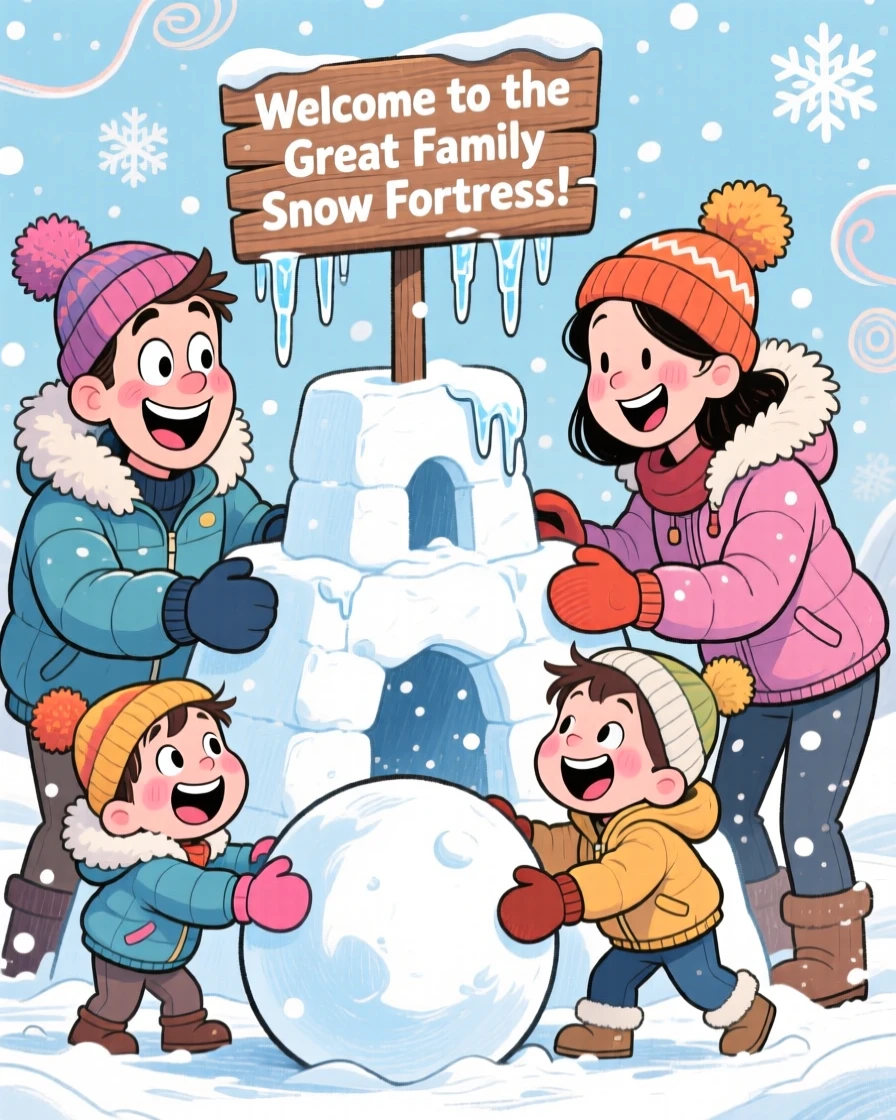 A family enjoying a snow day, building an elaborate snow fort together.