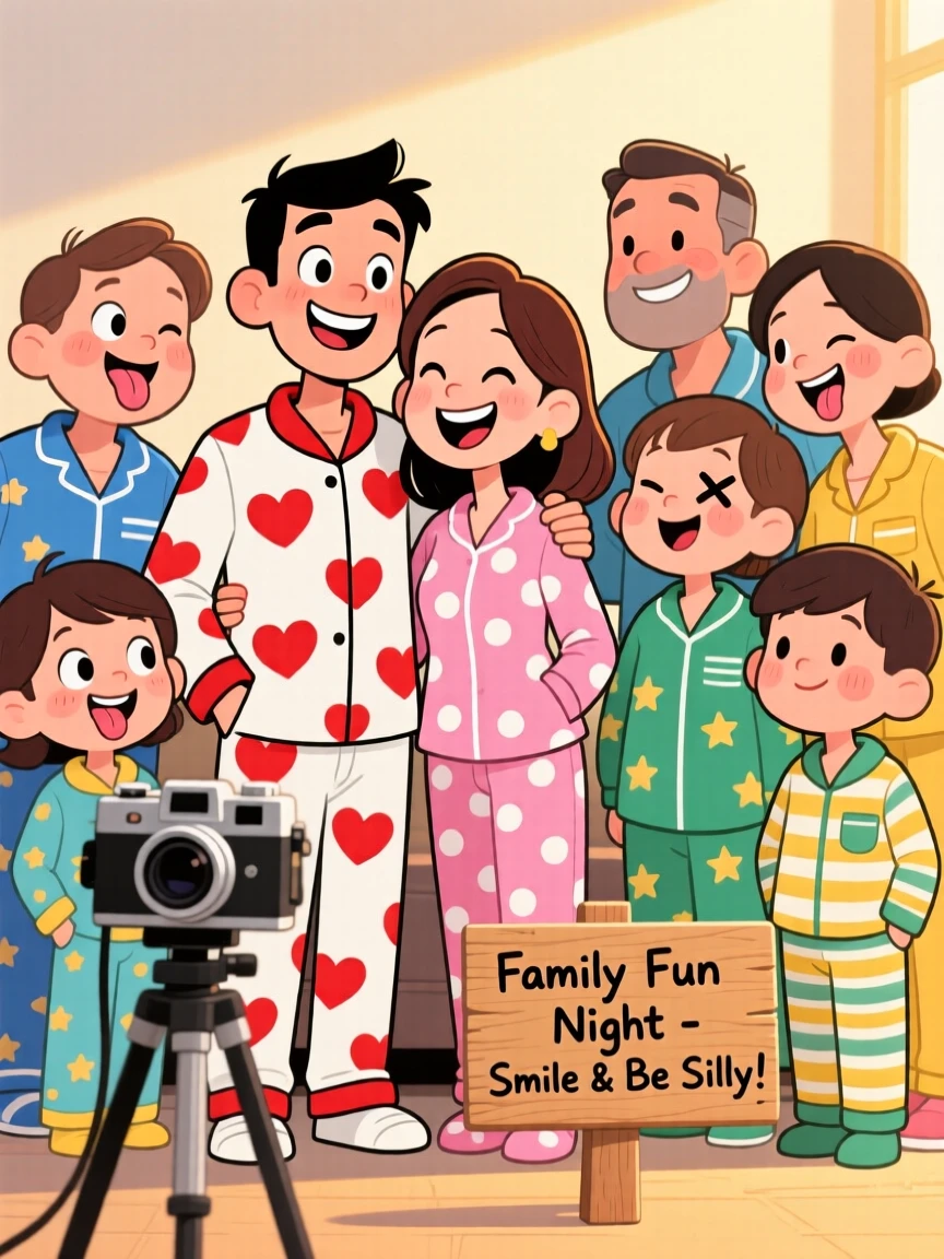A heartwarming scene of newlyweds posing for a silly family photo with everyone making funny faces, with warm smiles and matching pajamas.