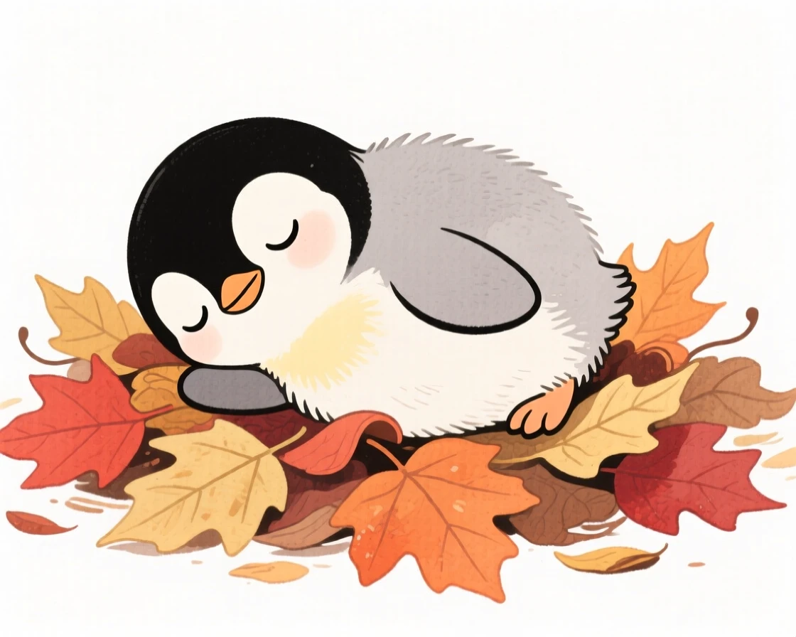A penguin chick napping on a pile of autumn leaves