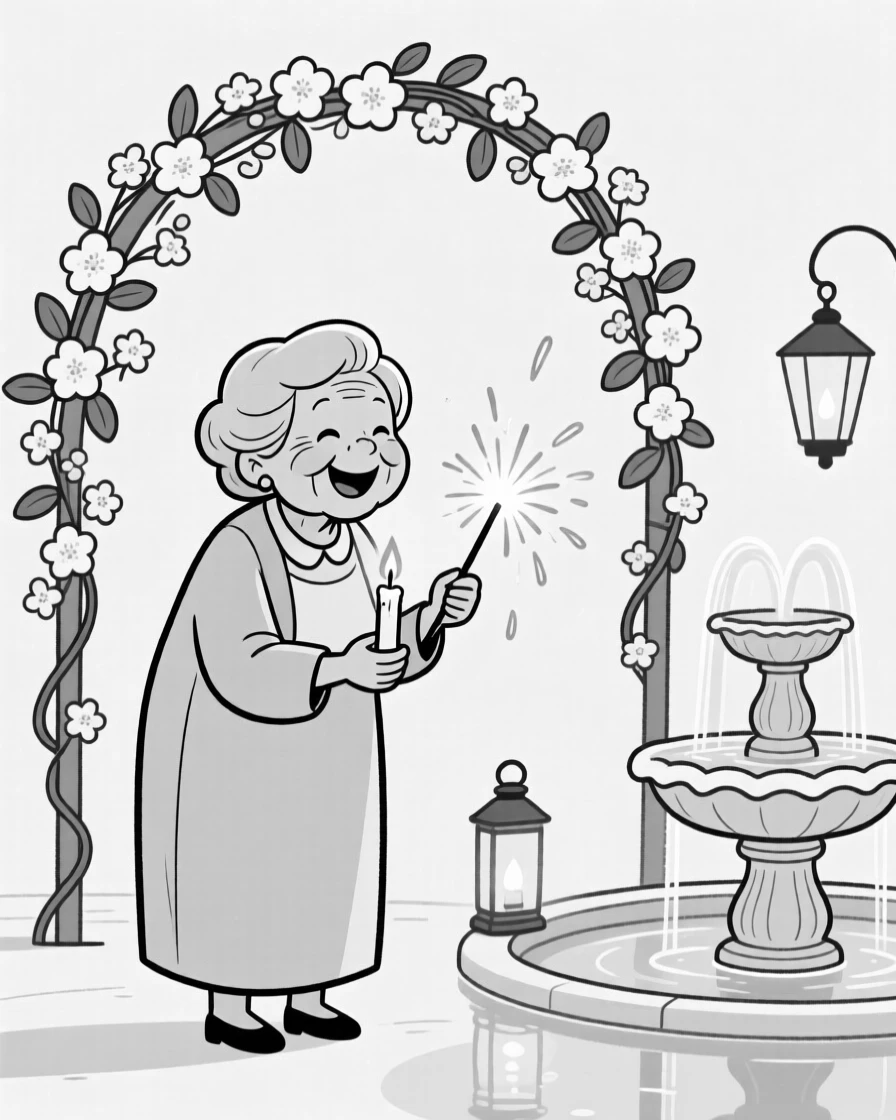 A grandmother lighting candles for a family celebration, giggling as sparks fly in bright arcs, set beneath a flower-covered wedding arch. Soft lantern light reflects off a nearby fountain. The image feels like a snapshot of pure, collective happiness.