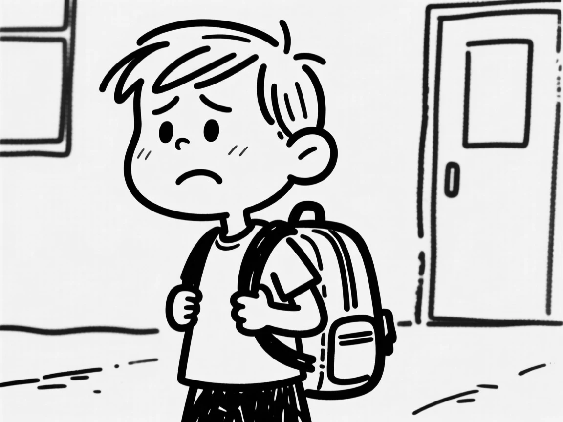 A back-to-school morning with a nervous but excited kid holding a new backpack.