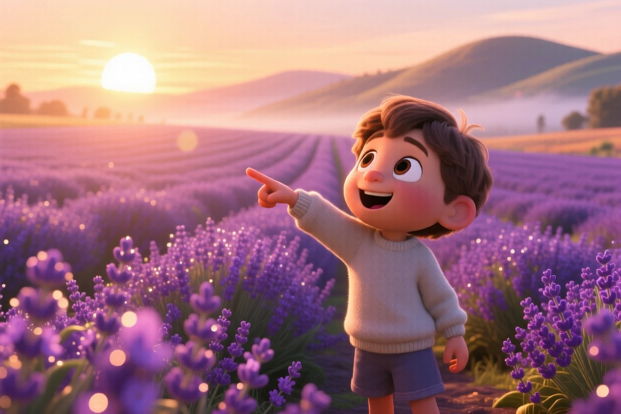 A child pointing excitedly at the view stands beside a field of lavender stretching to the horizon, watching the sun rise over the horizon. The mood is adventurous, peaceful, and awe-inspiring, with a light mist clinging to the distant hills.