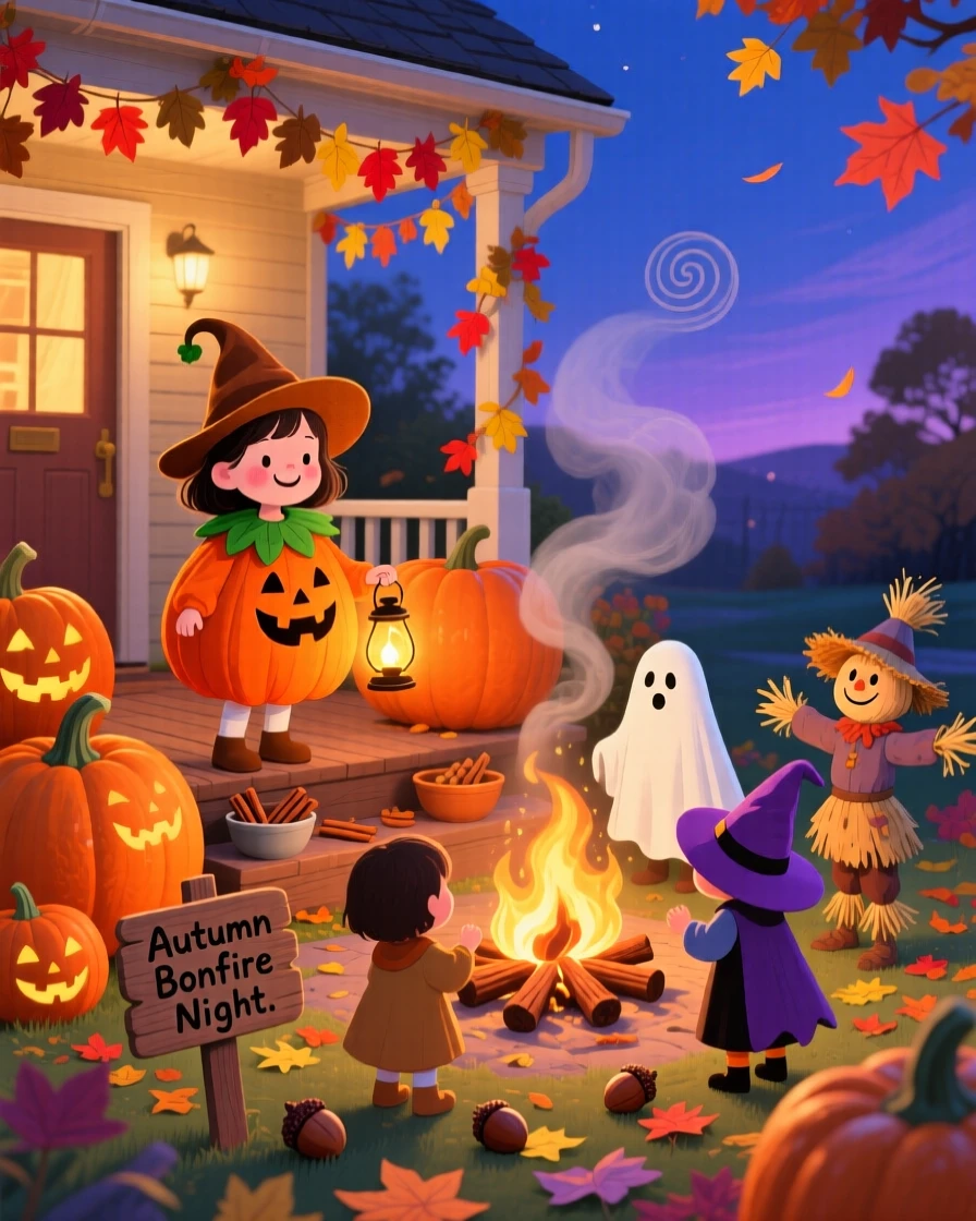 A little girl in a costume gather in a pumpkin-lined front porch, gathering around a bonfire on a crisp autumn evening, as the scent of cinnamon fills the air.