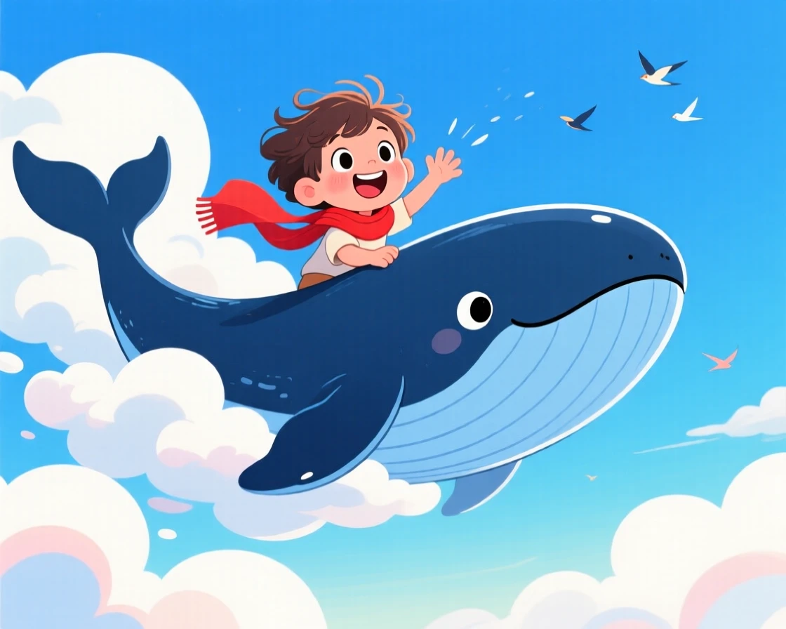 A kid imagining riding a giant friendly whale through the clouds.