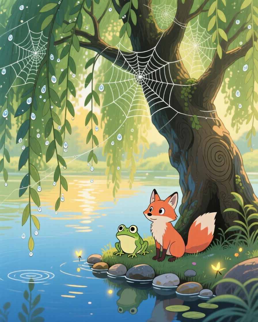 A willow tree draping its branches over a quiet pond, dew clinging to spiderwebs strung between branches, creating a scene of quiet natural magic.
