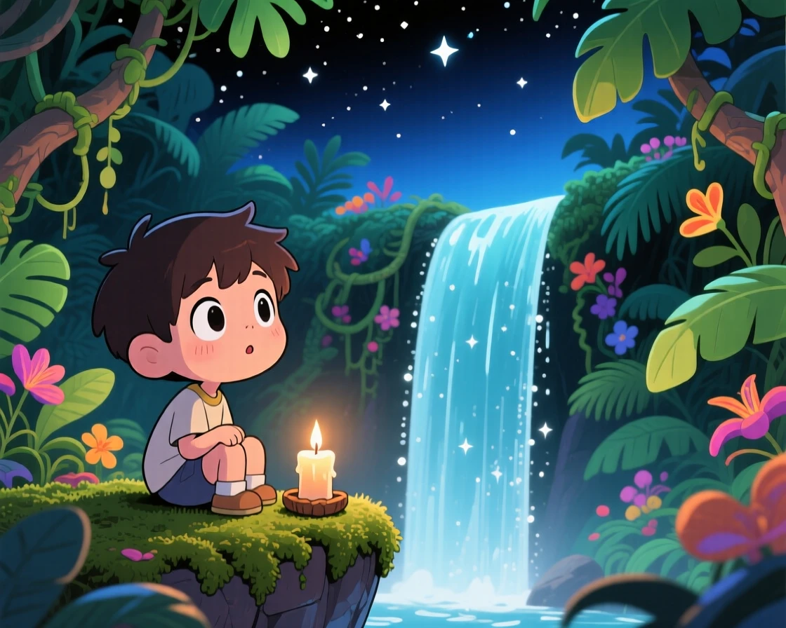 A young boy watching a waterfall from a mossy ledge, framed as a three-quarter view within a lush tropical jungle, under a starry midsummer night sky, glowing under gentle candlelight, evoking wide-eyed wonder.