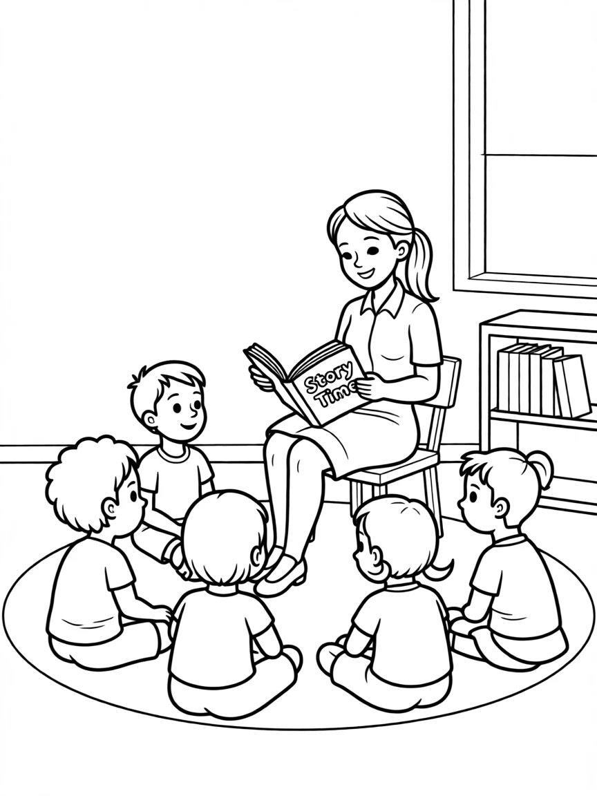 A teacher reading a story to a classroom of attentive children