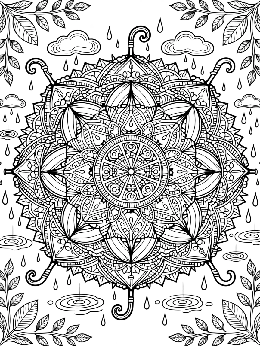 A mandala of stacked umbrella shapes forming a rainy-day pattern.