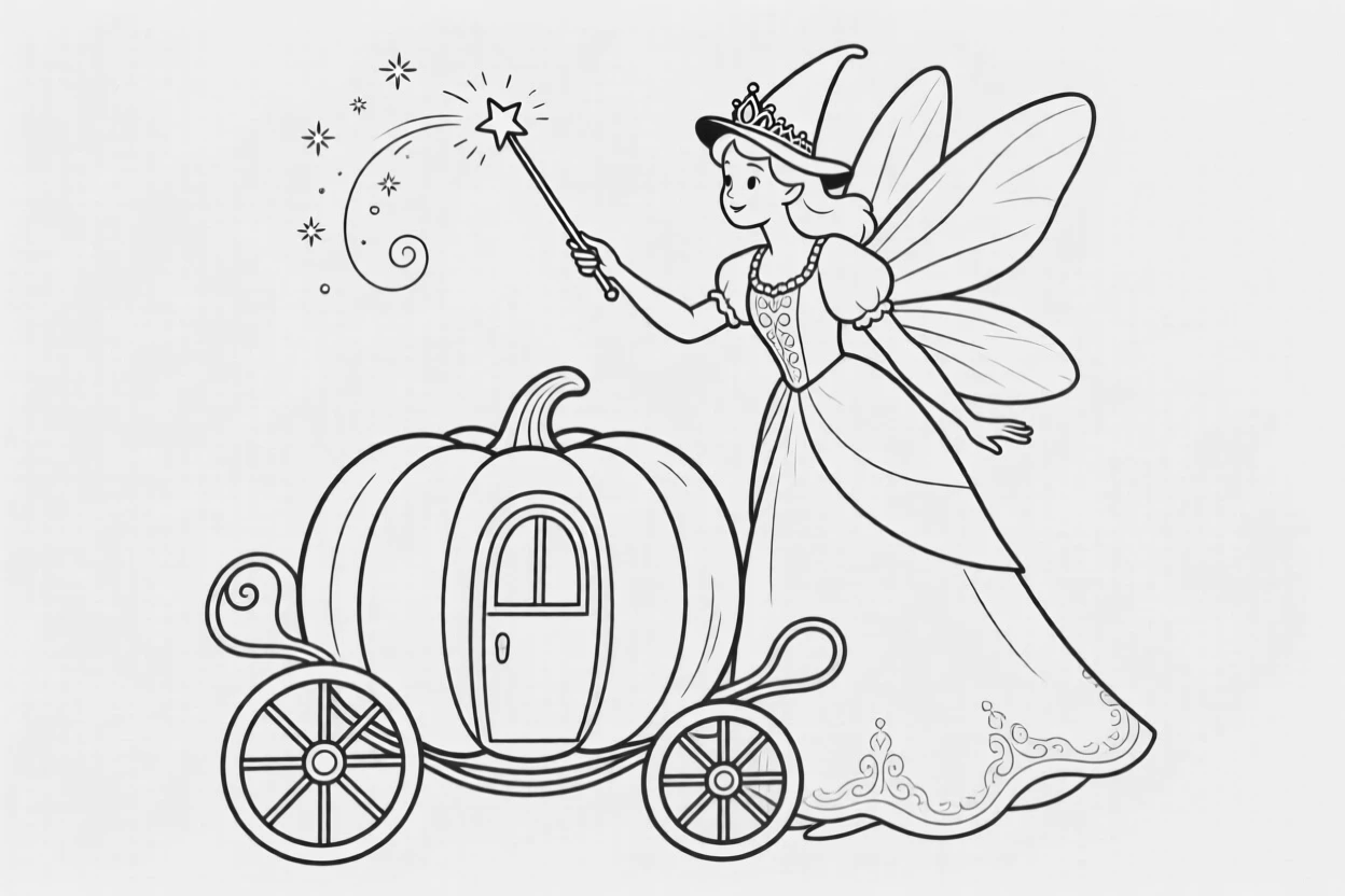 A fairy godmother waving a wand over a pumpkin carriage