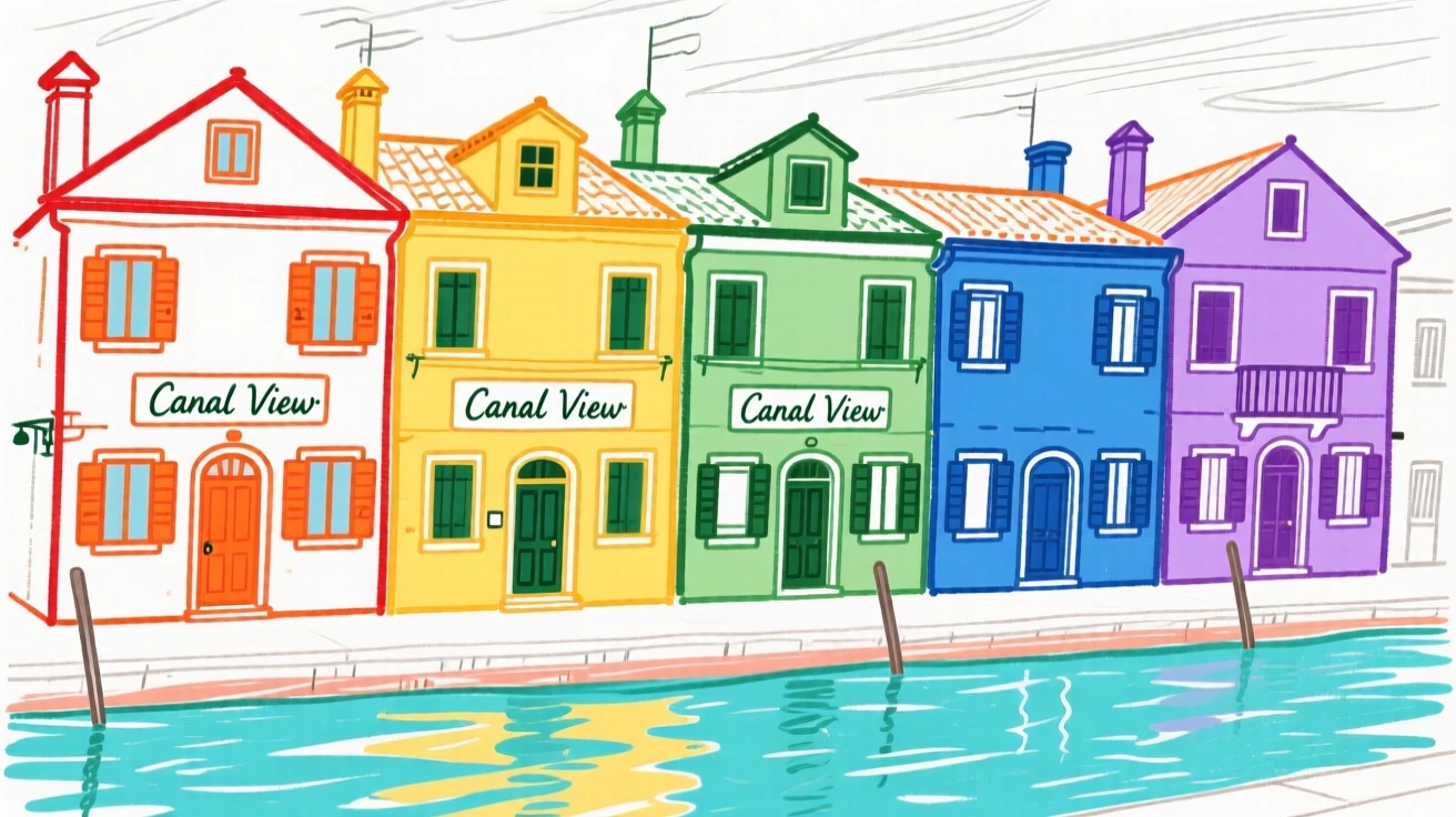 A row of colorful houses along a European canal.