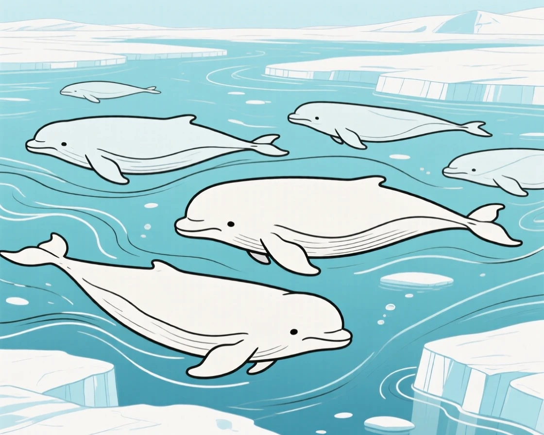 A pod of beluga whales swimming together beneath Arctic ice.