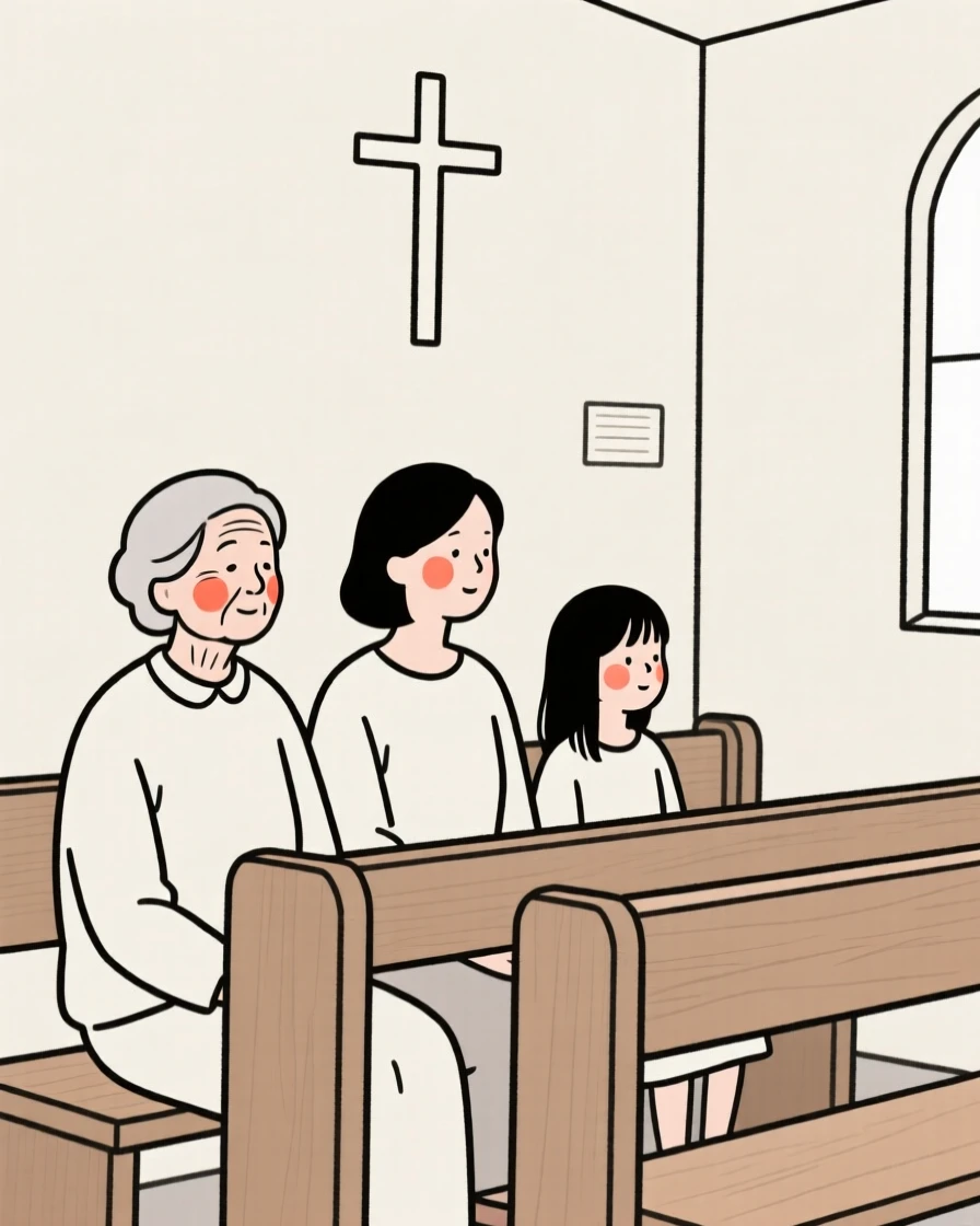 Three generations of women, looking serene and at peace, in a quiet chapel.