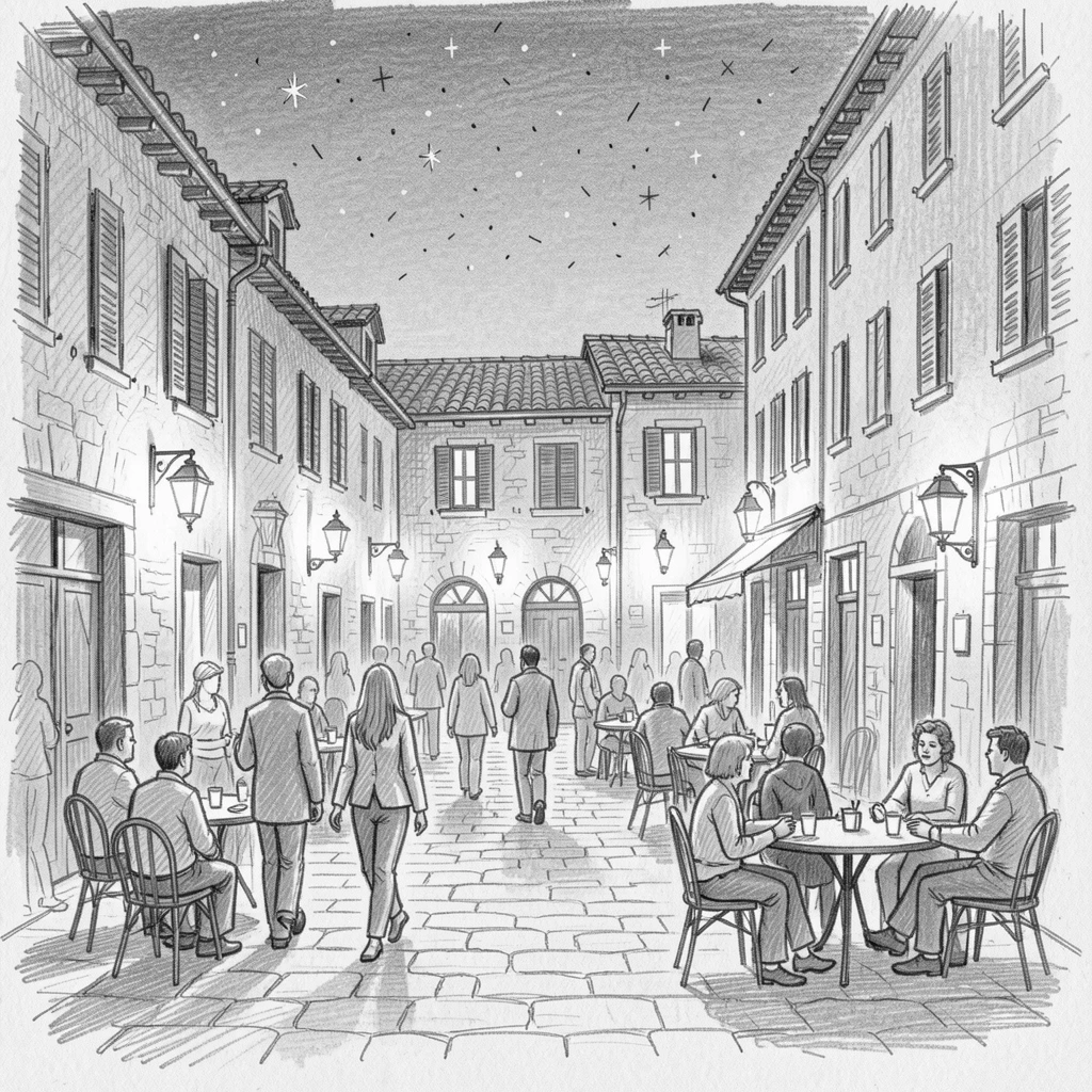 A stunning view of a bustling old-world piazza under a starlit sky, with lanterns glowing along the pathway.