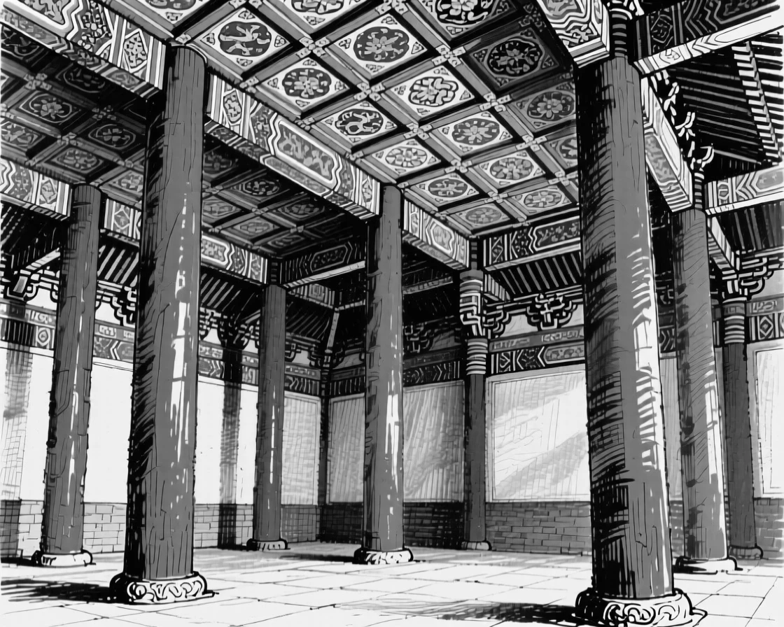 A traditional Chinese pagoda interior with red lacquered columns and painted ceilings.