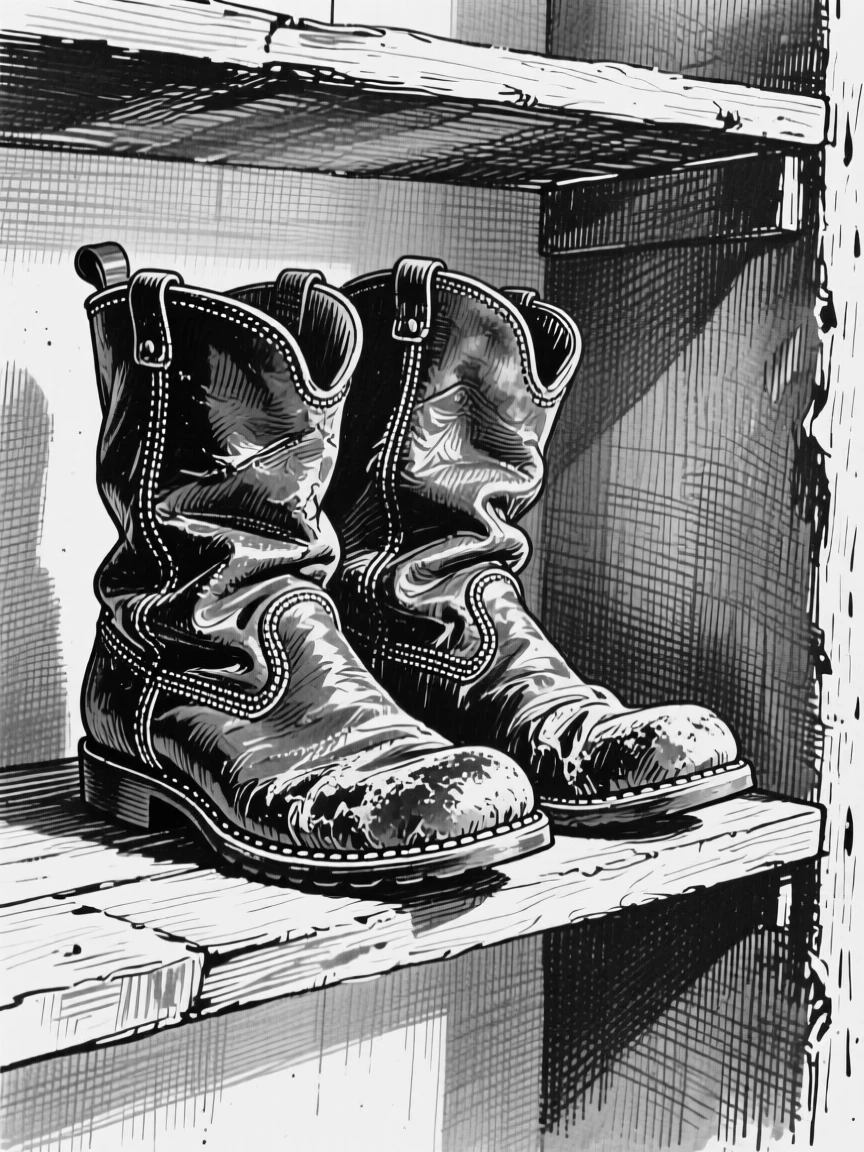 A pair of worn leather boots displayed on an open shelf, with soft natural light falling across its surface, forming a cozy and intimate still-life study.