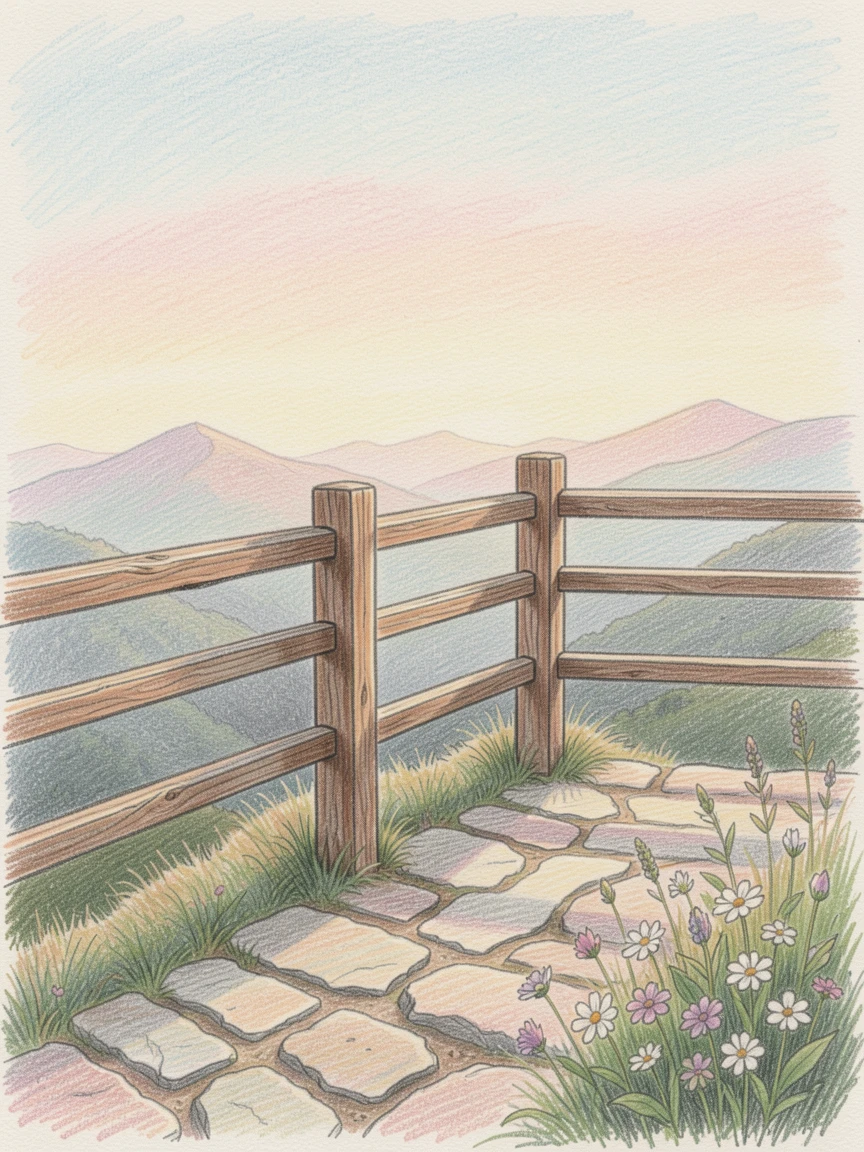 A quiet mountaintop overlook bathed in soft morning light, arranged with simple, uncluttered composition, evoking deep peace, mindfulness, and quiet reflection.
