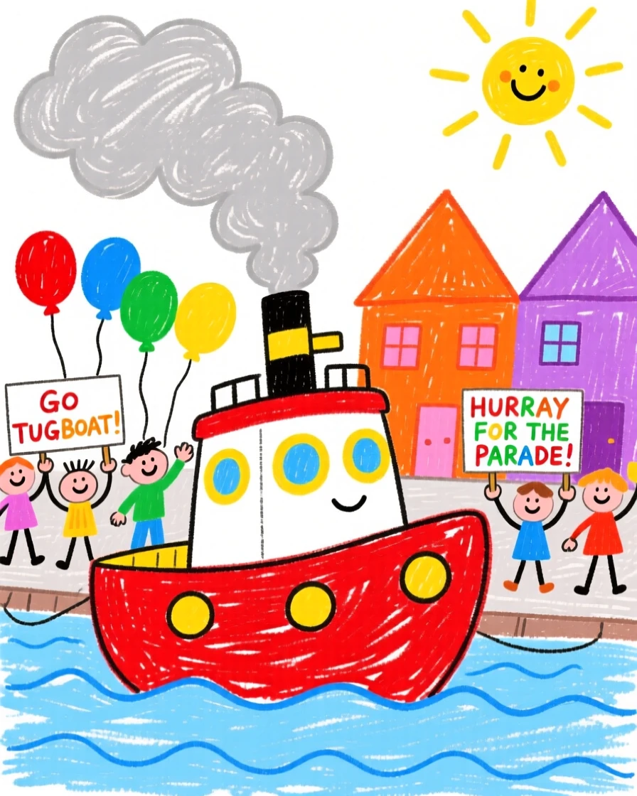 A small tugboat rolling through a small town parade.