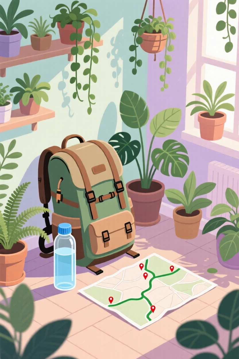 A weekend hike setup with a backpack, water bottle, and trail map, set within a plant-filled room bursting with greenery, shown from a slightly elevated angle for a cozy overview, with gentle pastel tones evoking calm and comfort.
