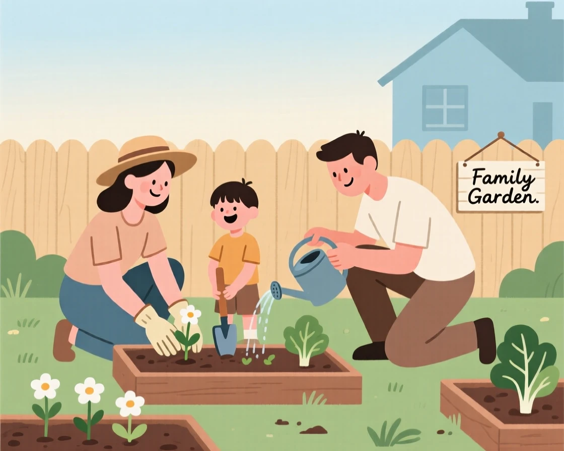 A family gardening together at home.