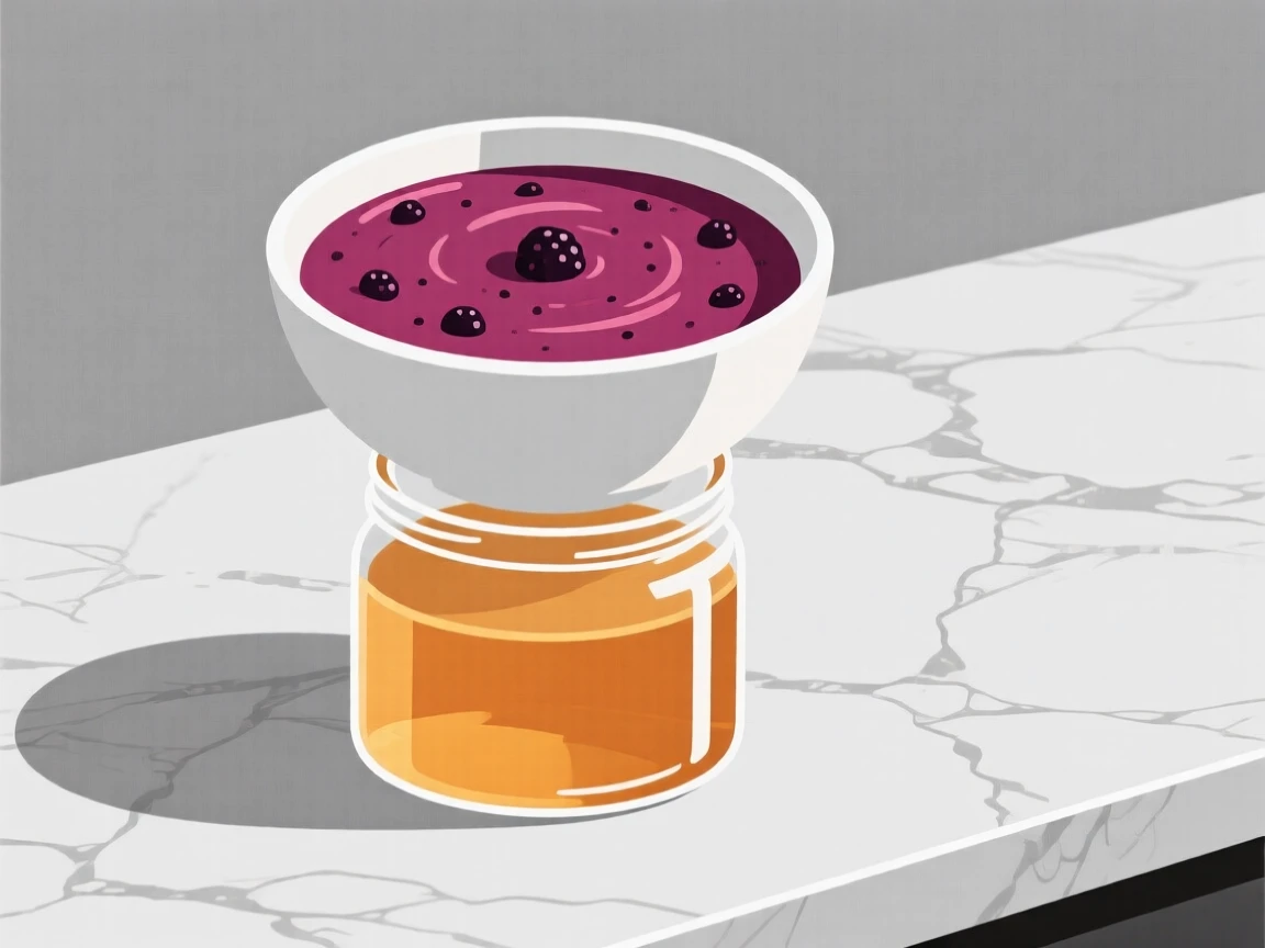 A freshly prepared bowl of berry smoothie served on a glass jar of honey, set in a marble countertop, inviting festive celebration.