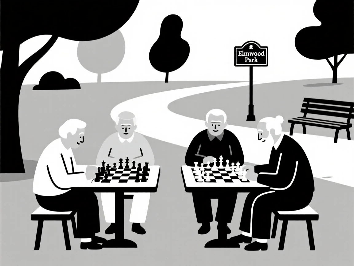 A group of elders playing chess in a park.