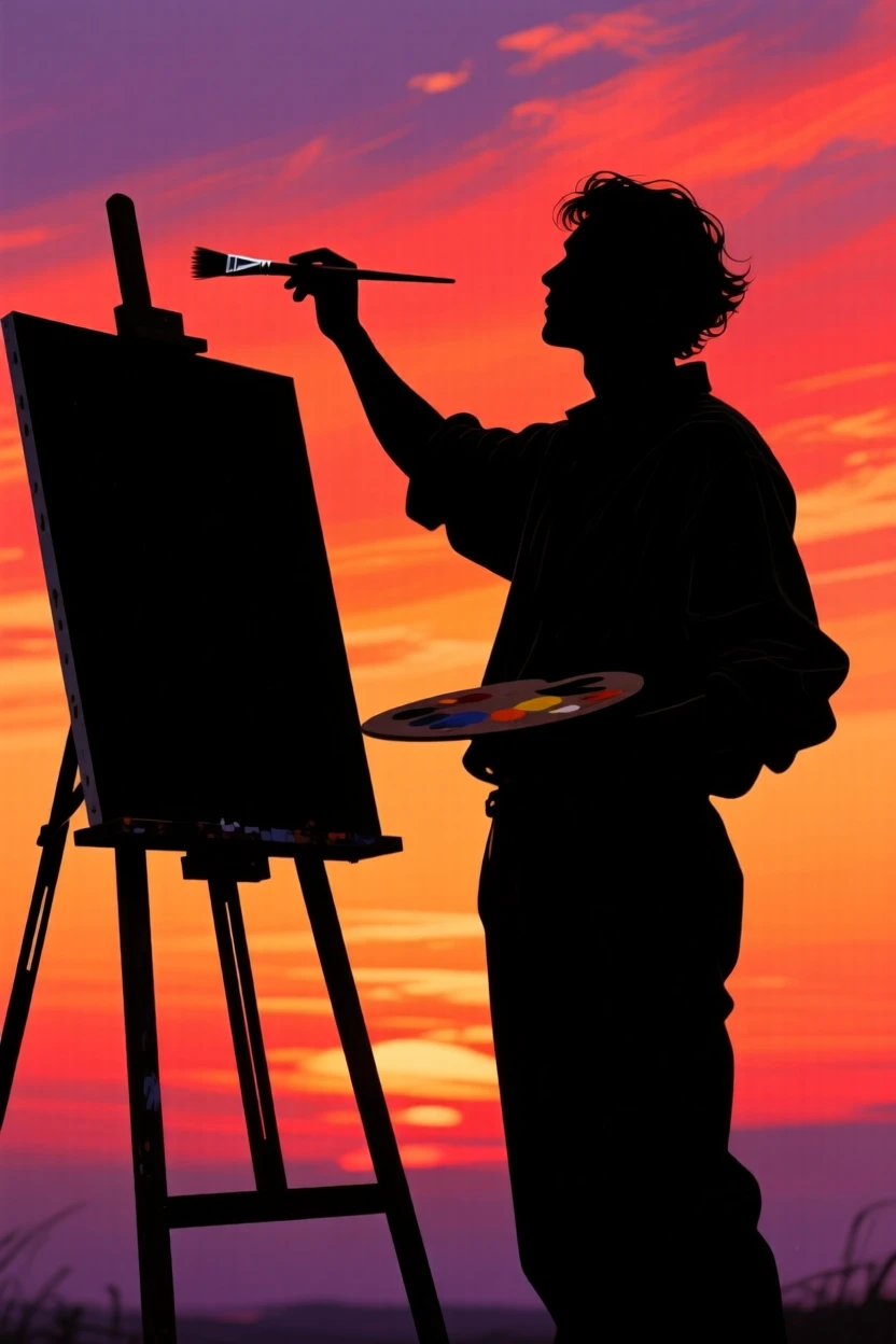 A painter standing before an easel, brush raised mid-stroke.
