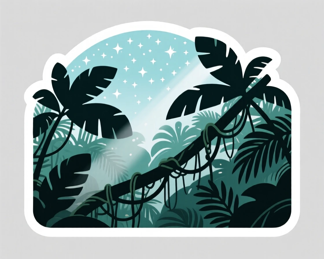 A dreamlike dense jungle canopy with hanging vines, under a blanket of twinkling stars, where the air feels crisp and fresh.