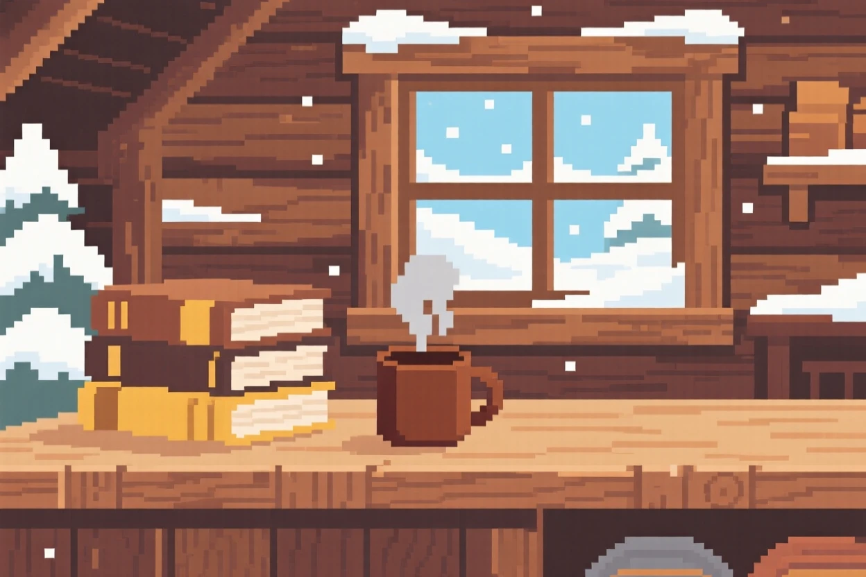 A bakery counter stacked with well-worn books and a steaming mug, inside a snowbound mountain cabin.