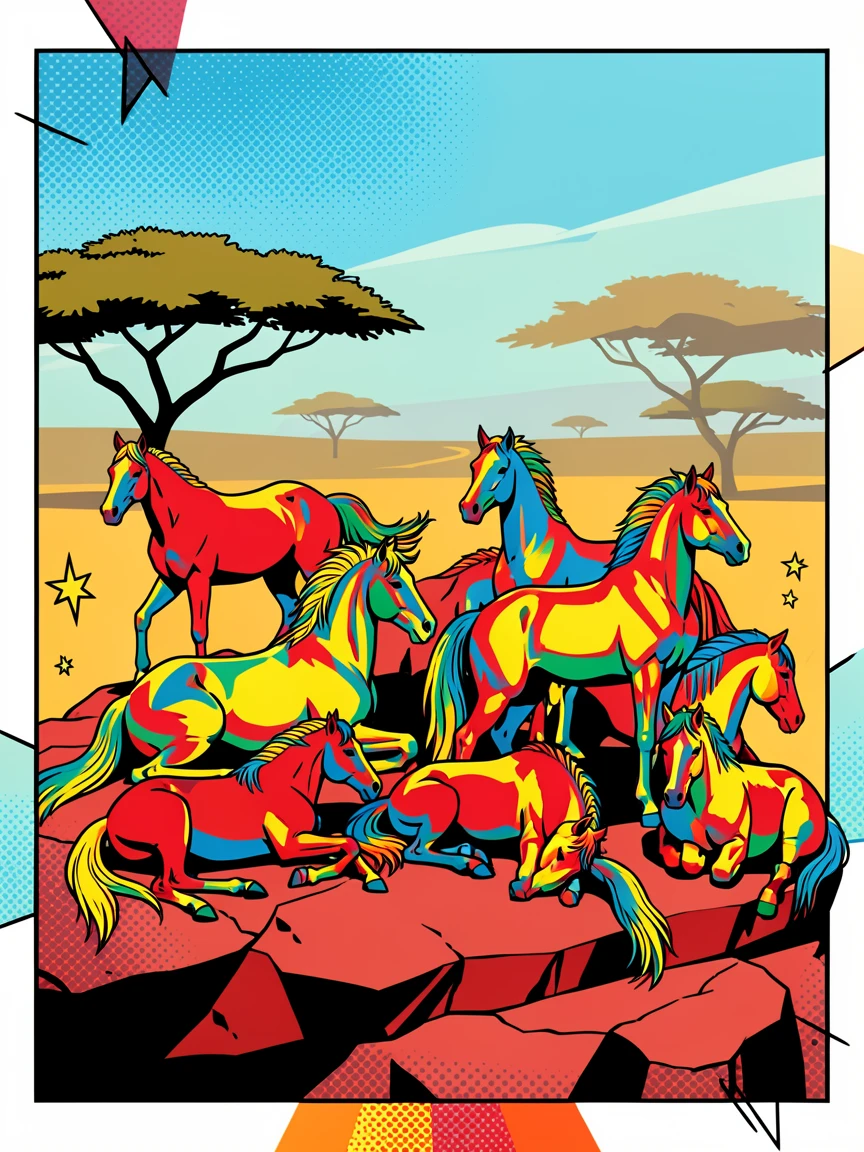 A herd of wild horses resting atop a rocky outcrop overlooking the savanna