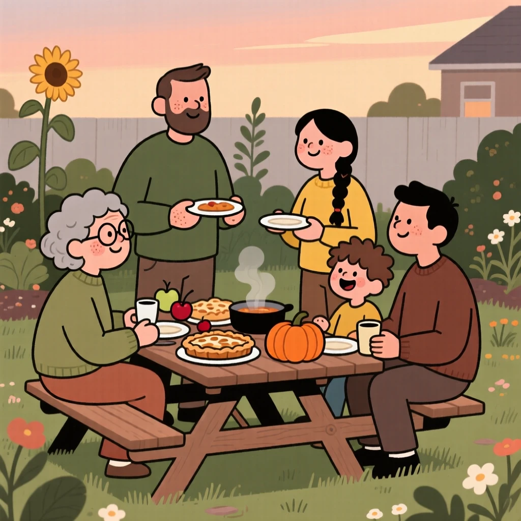 Neighbors gather for a potluck dinner in the community garden, sharing fresh pies and conversation as laughter fills the warm evening air.