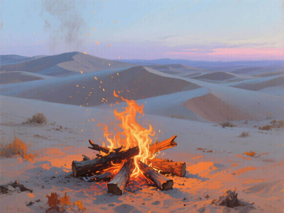 A medium shot of a bonfire glowing warmly on a chilly autumn evening, in the Sahara desert, in the pale light of early evening.