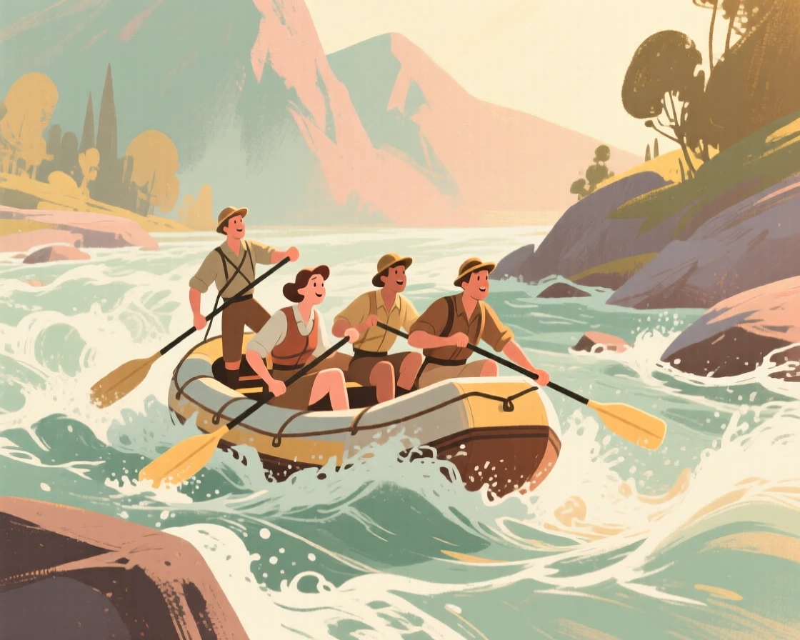A group of explorers rafting down a rushing mountain river