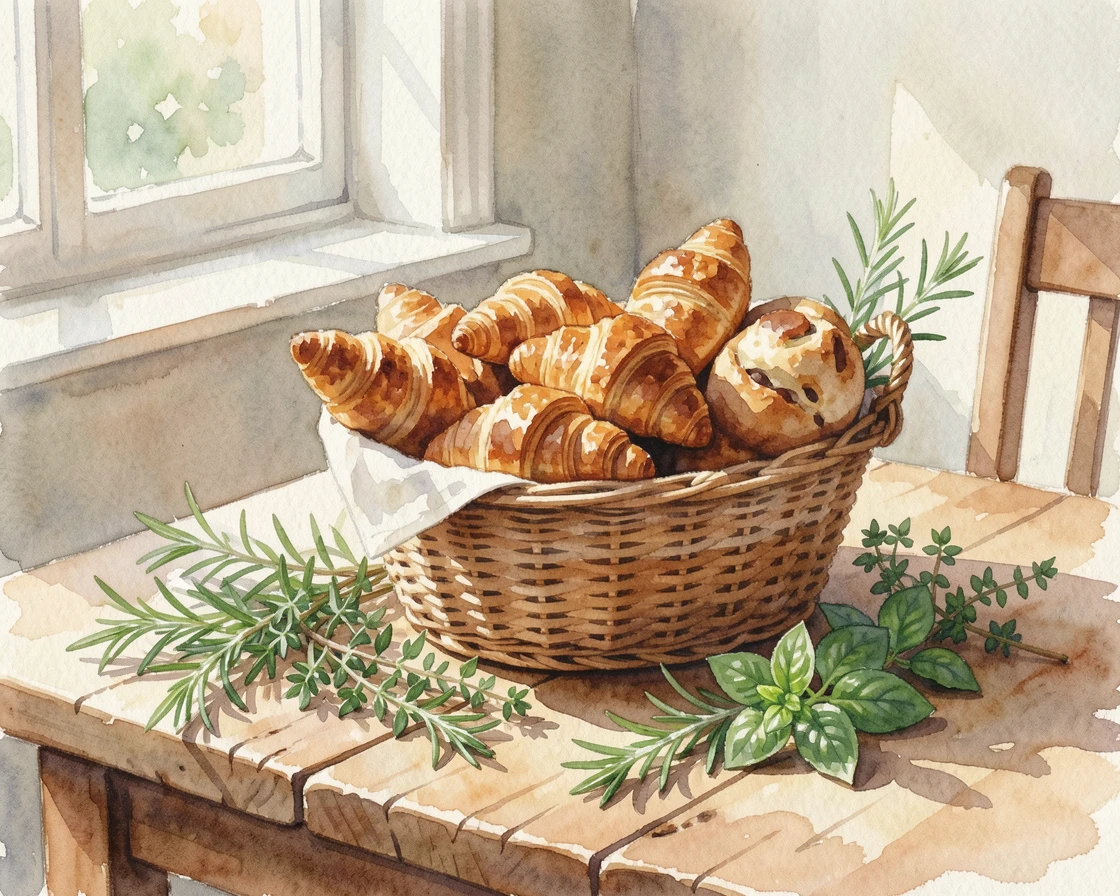 A basket of croissants and pastries on a farmhouse kitchen table garnished with fresh herbs.