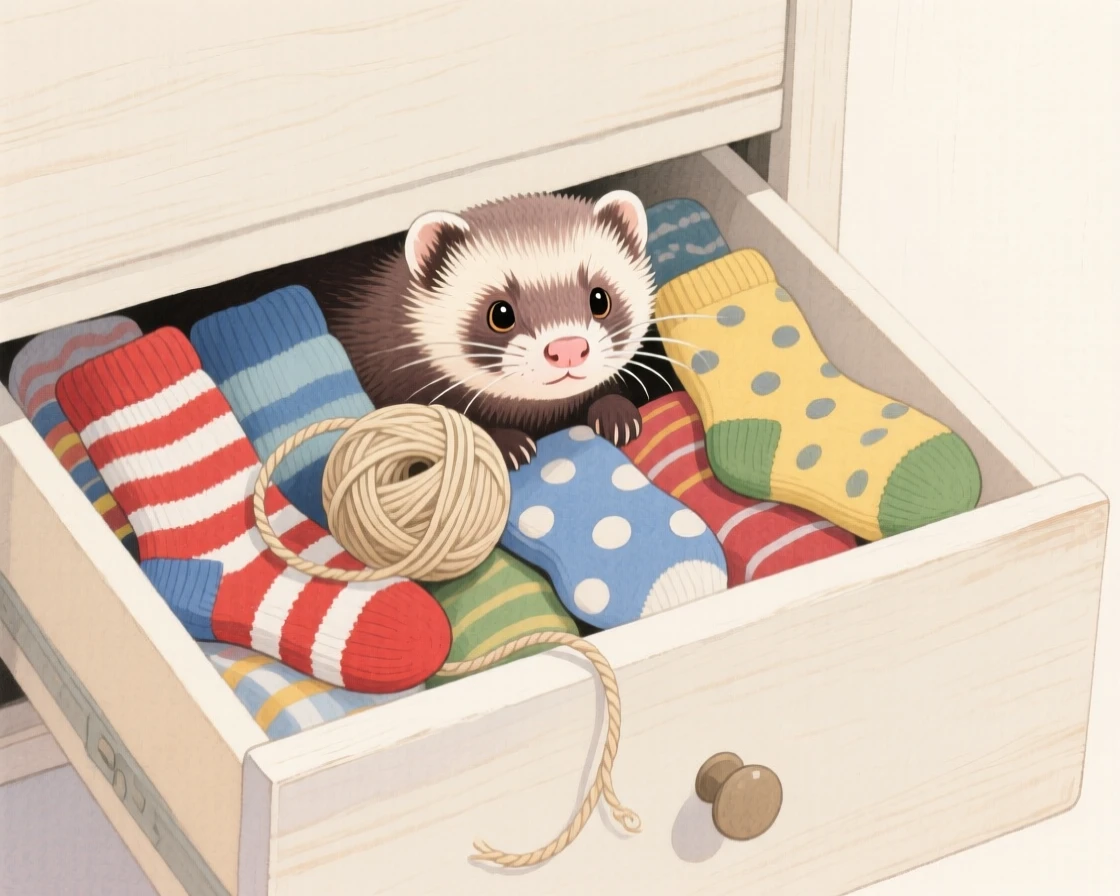 A ferret peeks out of a cozy sock drawer filled with mismatched colorful socks and a ball of string