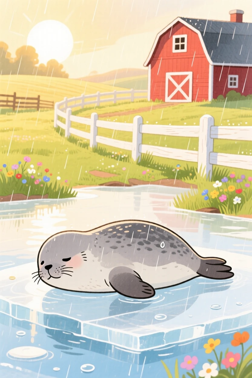 A seal pup resting on ice exploring a sunlit farmyard during a gentle rain.