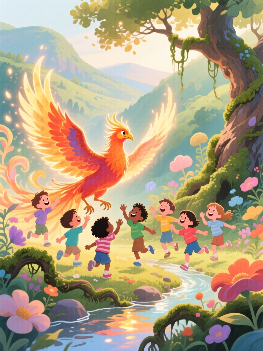 A glowing phoenix playing with a group of delighted children, in a hidden valley untouched by time, brimming with magical warmth and beauty.