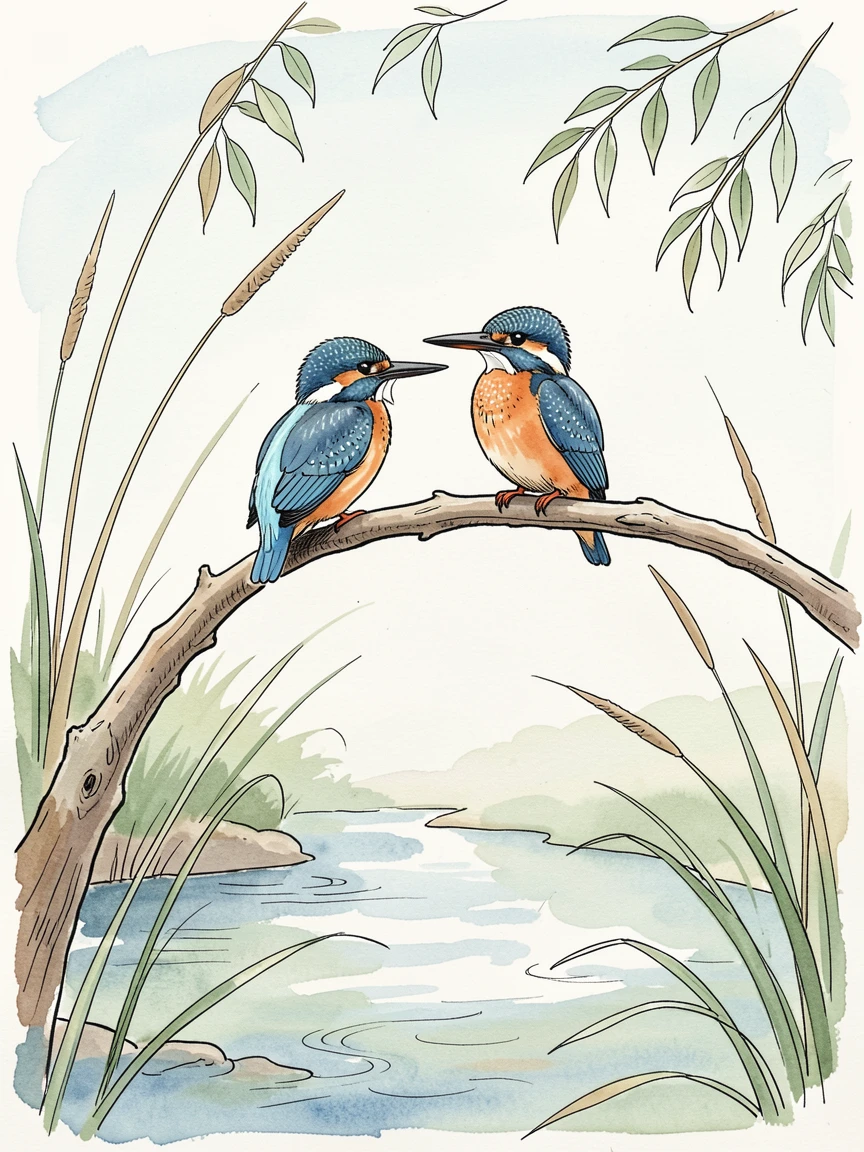 A pair of kingfishers perched above a slow-moving stream, their movements calm and unhurried in the quiet surroundings.