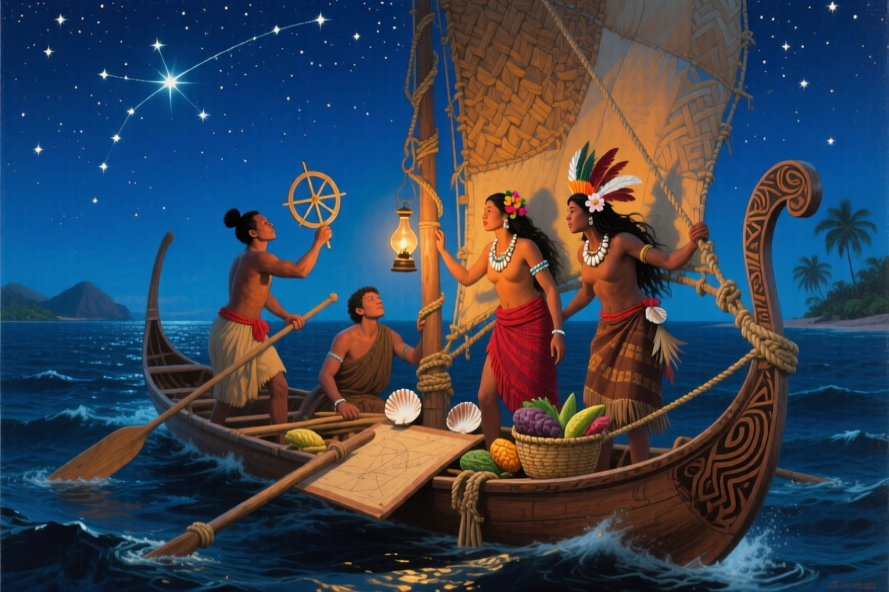 Polynesian voyagers navigating the open ocean by starlight in a traditional canoe, with rich period-accurate clothing, tools, and architecture throughout, celebrating the rich diversity of world cultures and traditions