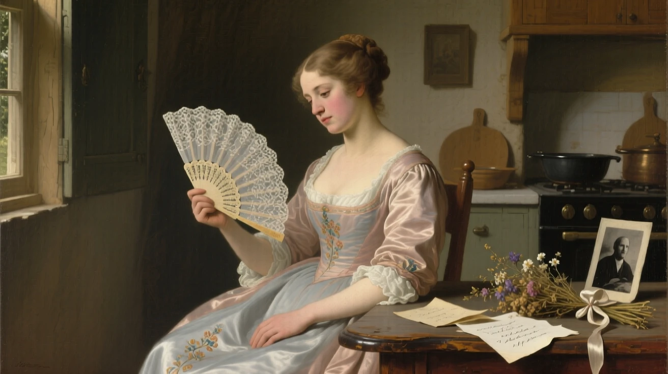 A society lady fanning herself at an elegant garden party pausing as if interrupted by an unseen presence, set in a modest cottage kitchen filled with the smell of bread, surrounded by scattered letters, a faded photograph, and dried flowers; the pose is turned gently off-center for a natural, candid feel, evoking tenderness, memory, and unspoken emotion.