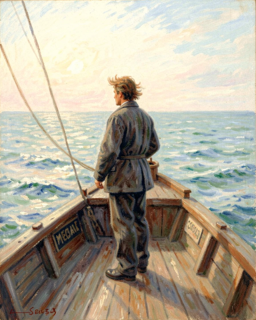 A weathered sailor gazing out to sea from the deck of an old wooden fishing boat, wind tousling his hair.