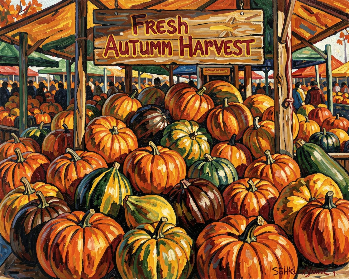 A crowded farmers' market stall piled high with pumpkins and autumn squash.