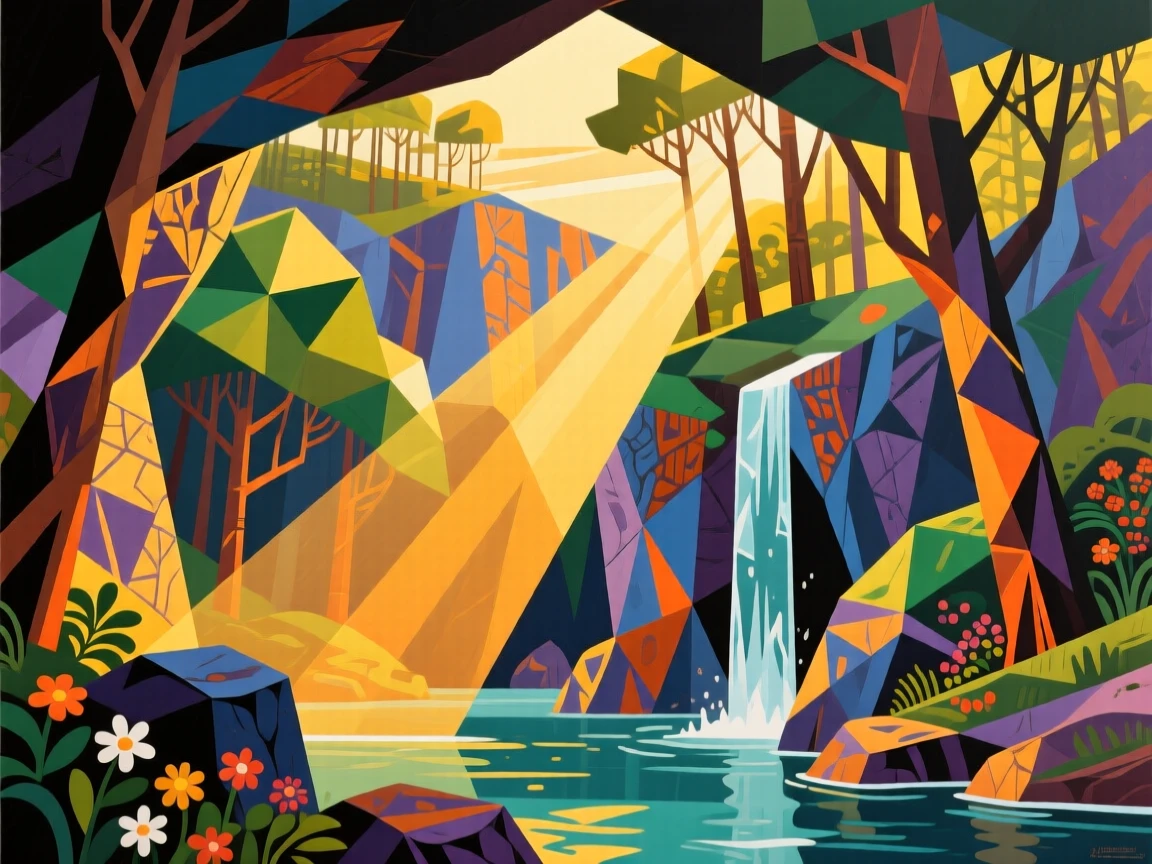 A sweeping wide view of a hidden forest grotto as golden hour bathes everything in warm light, at the peak of summer.