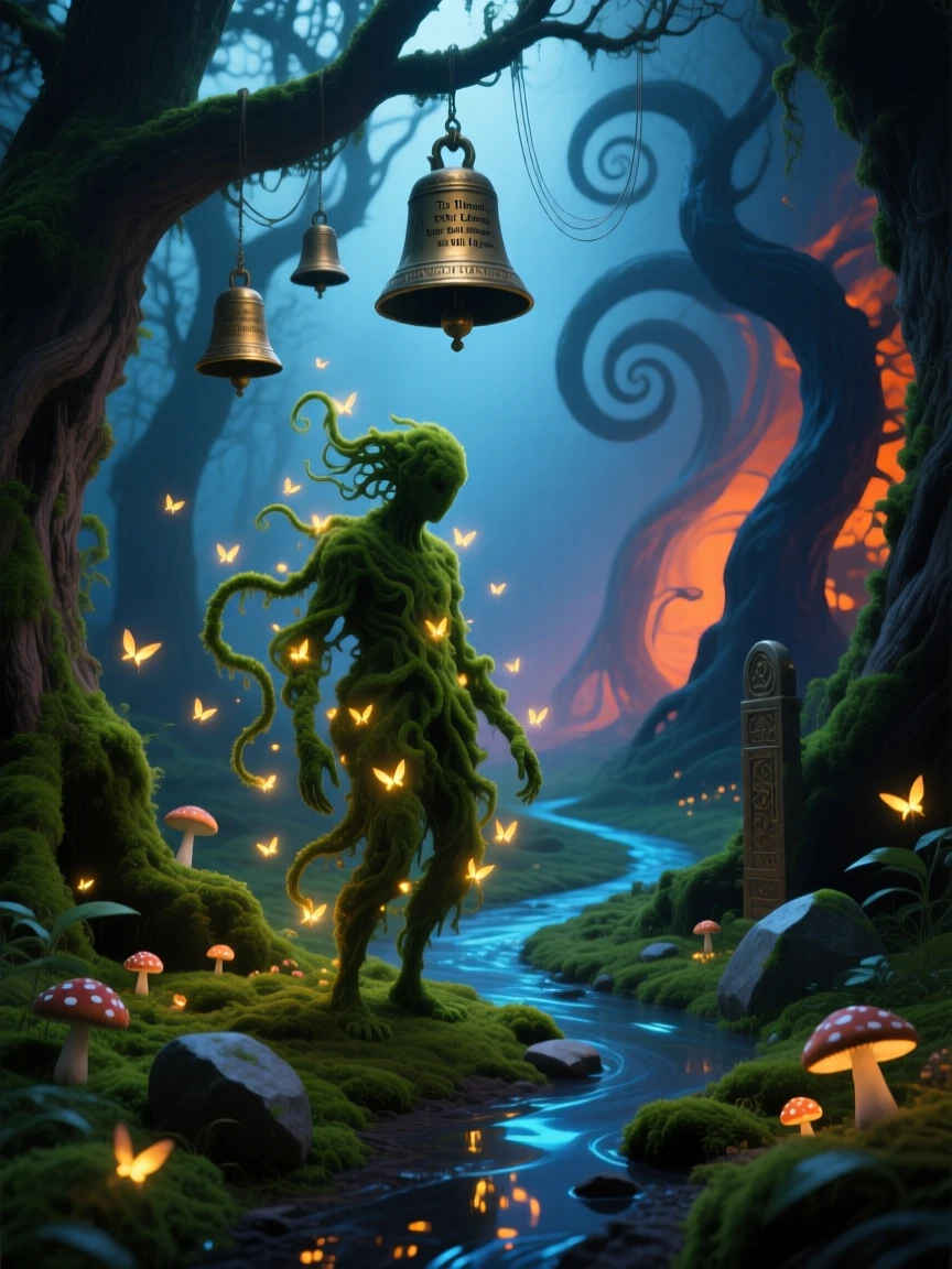 A small forest spirit made of moss and drifting fireflies guards a hidden path that few have ever found, while distant bells seem to ring without any wind.