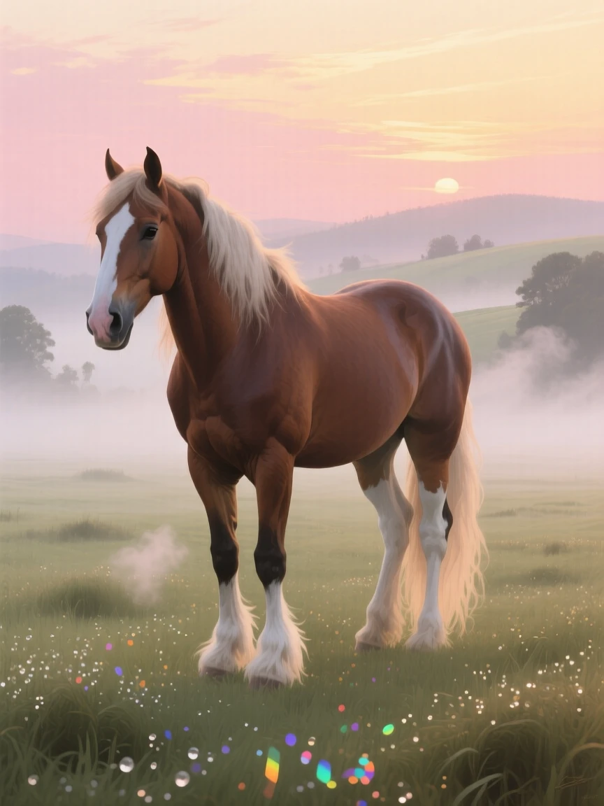 A gentle Clydesdale horse stands in a misty pasture at dawn, breath visible in the cool morning air as dew glistens on the grass, small details in its fur or feathers catching the light with remarkable clarity.