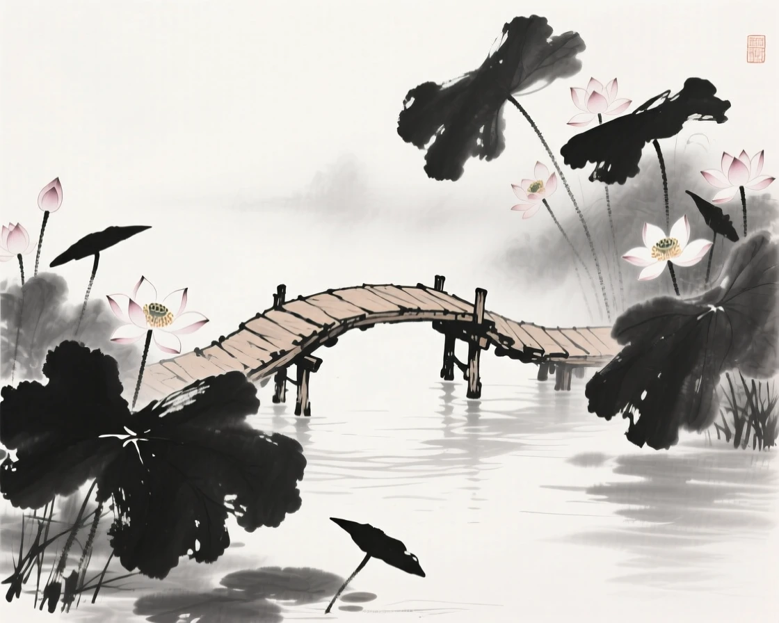 Lotus flowers bloom around a small wooden footbridge, as mist rises softly from the water's surface.