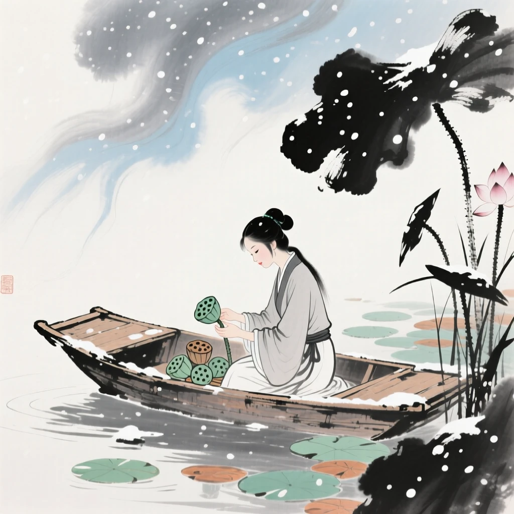 A young woman gathering lotus pods from a boat on a still pond, under the first snow of winter, brimming with peaceful contentment, under clearing skies after a storm.