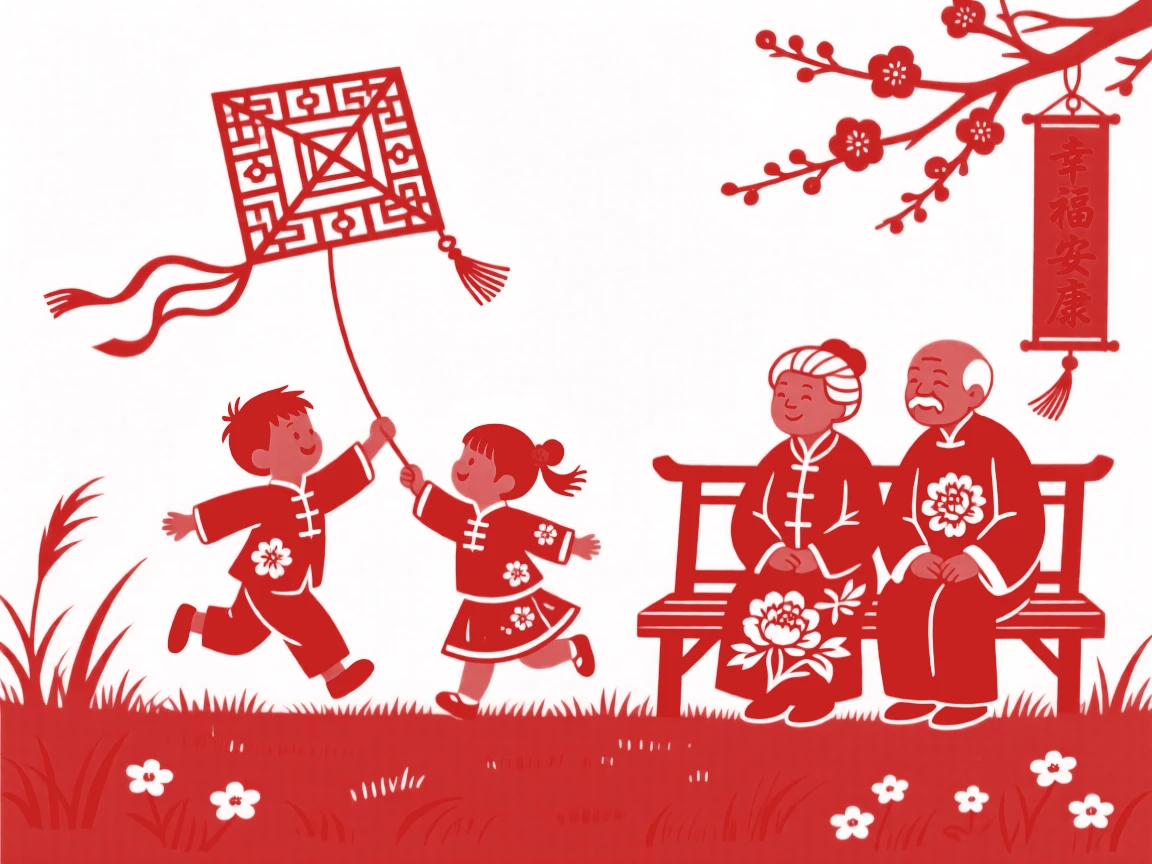 A pair of young siblings, chasing a paper kite across an open field, grandparents watching fondly from a nearby bench.