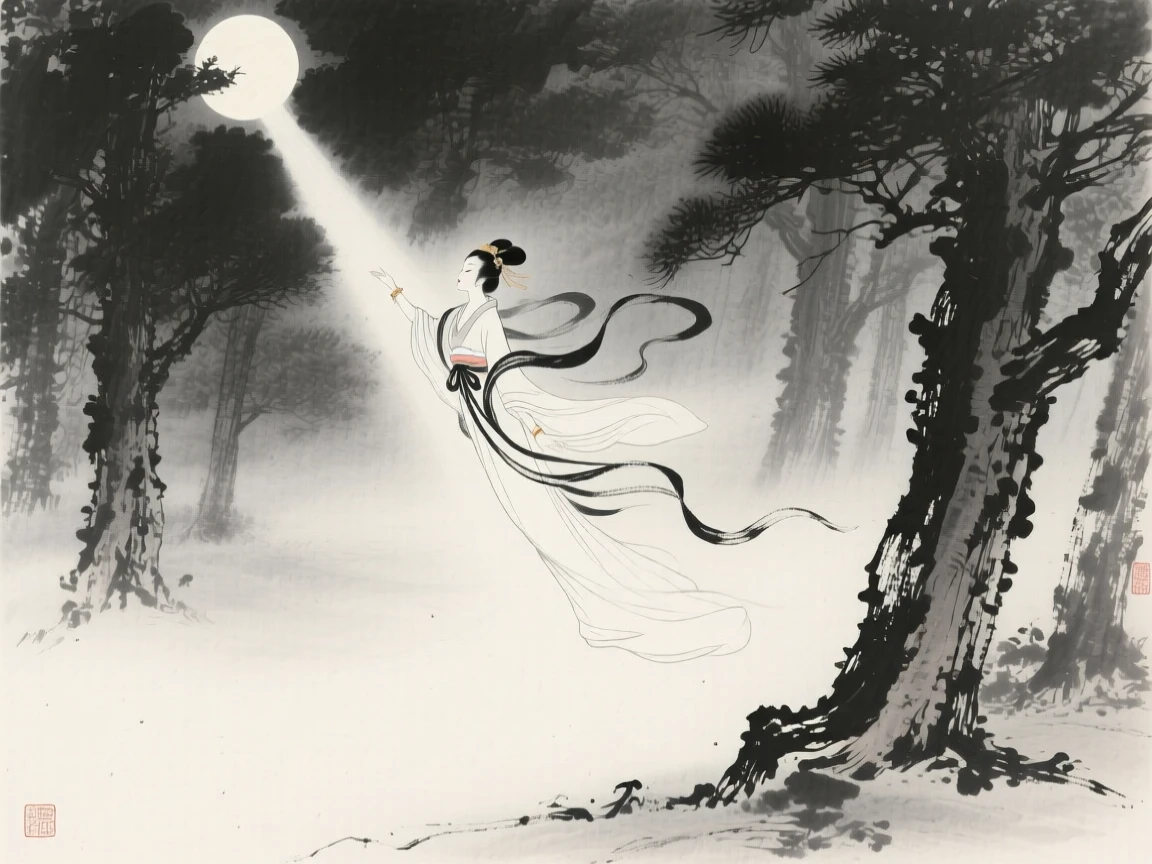 A celestial maiden descending on a beam of moonlight within an ancient, mist-filled forest, balanced with soft negative space around the central figure, conveying graceful power and serene majesty.