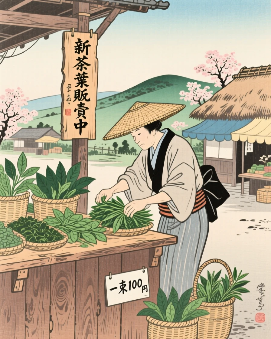 A farmers market stall steeping fresh leaves behind a wooden counter.