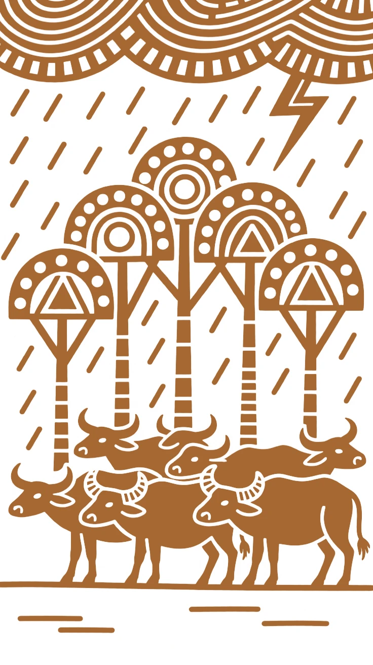 A herd of buffalo sheltering under trees during a storm.